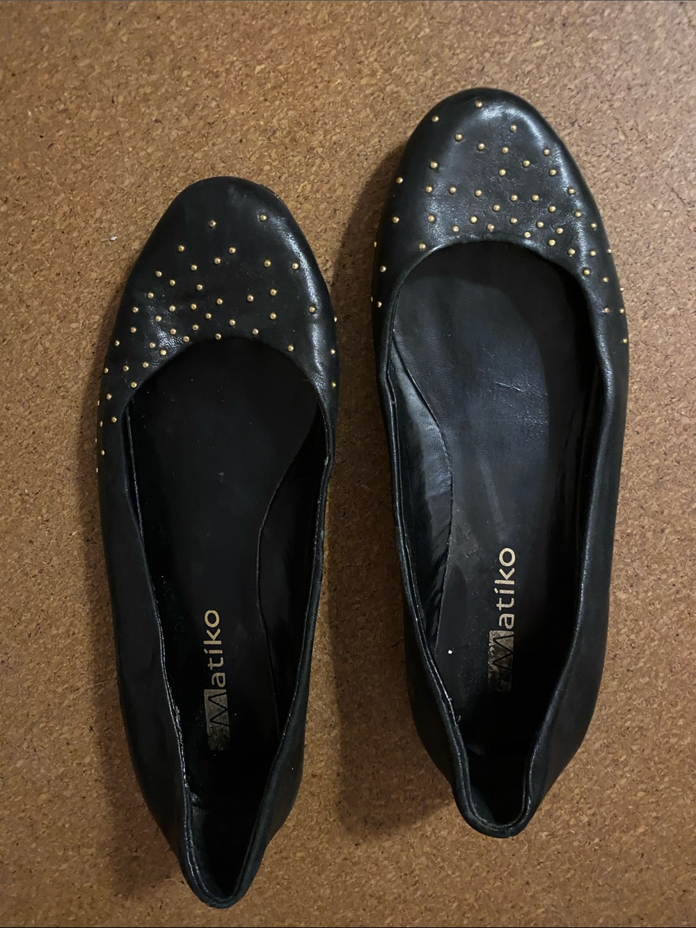 Matiko Black Leather Ballet Flats with Gold Studs